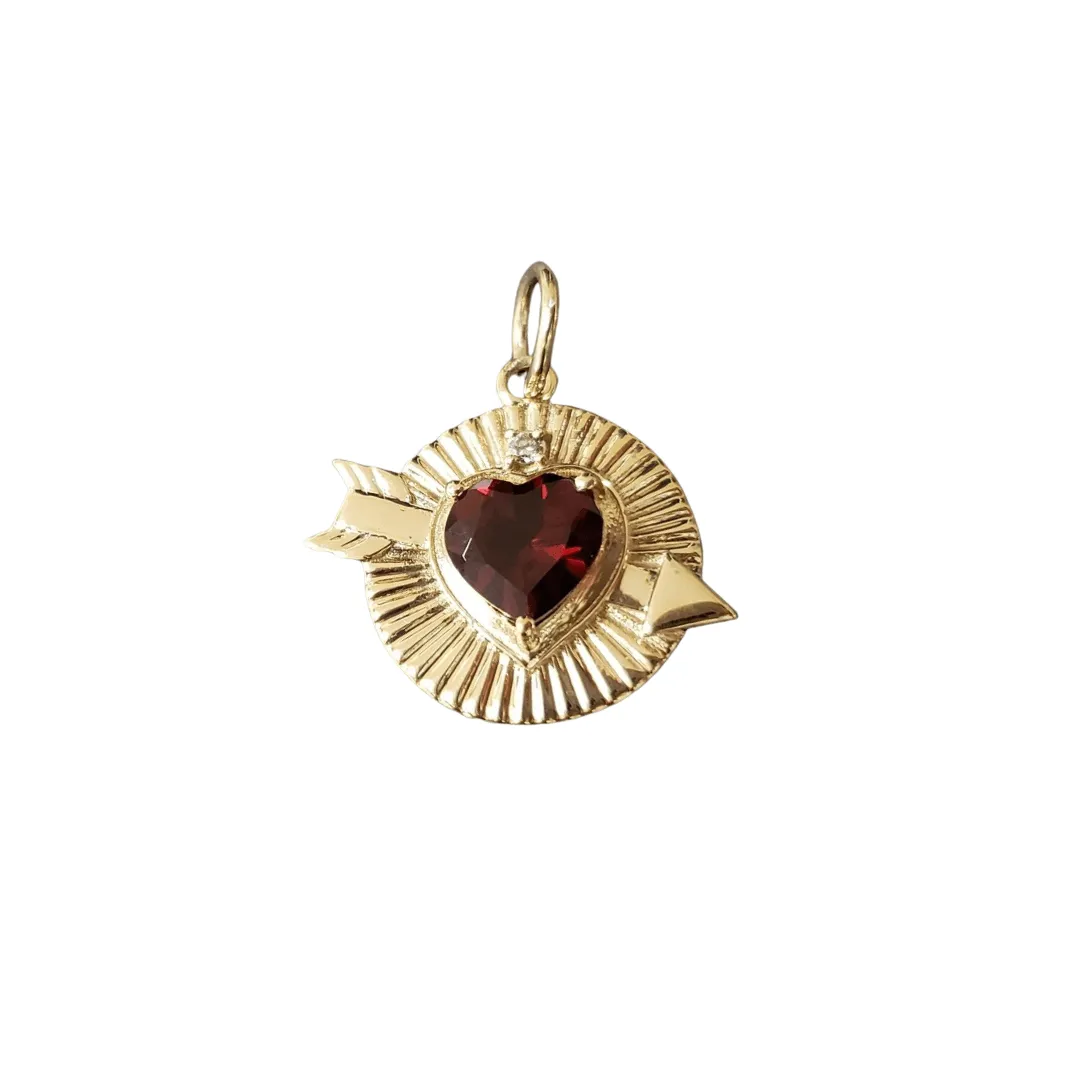 14k Gold Red Heart Garnet & Brilliant Cut Diamond  Pendant