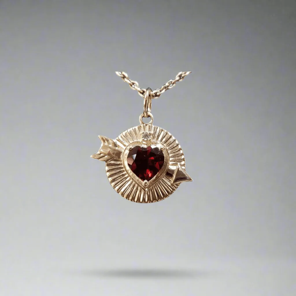 14k Gold Red Heart Garnet & Brilliant Cut Diamond  Pendant