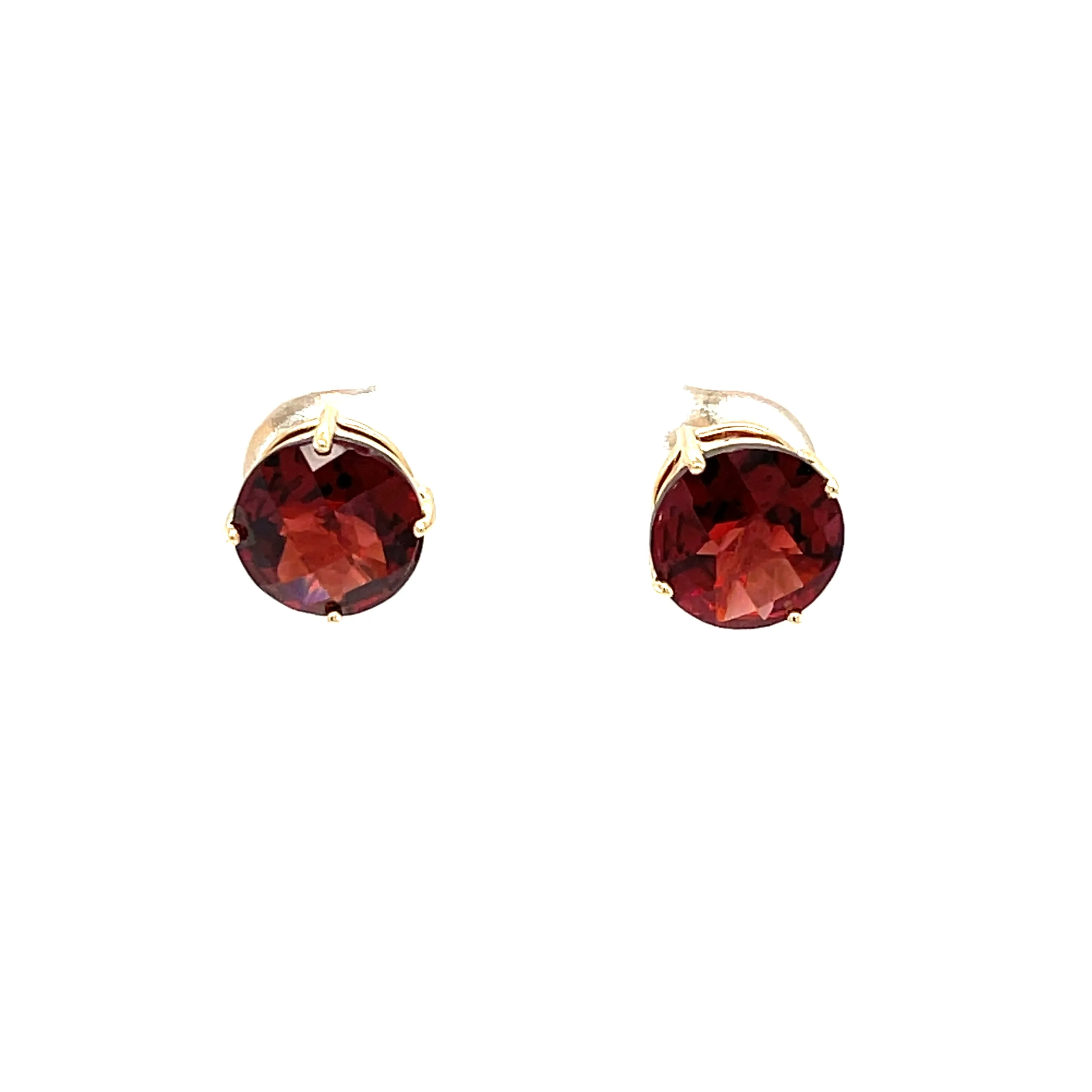 14k Yellow Gold Round Checkerboard Cut Garnet Stud Earrings