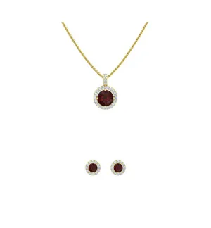 18K Yellow Gold 1/2ct Halo Garnet Round 18 Inch Necklace and Halo Earrings Set Plated