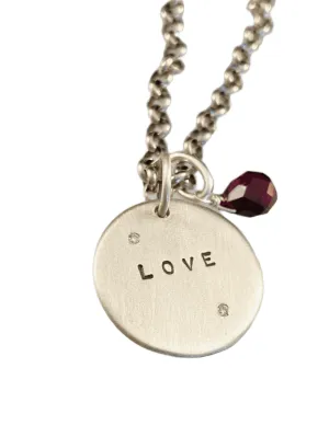 18" Sterling Love Diamond Charm Necklace with Garnet