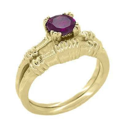 1920's Art Deco Solitaire "Hearts and Clovers" Yellow Gold Rhodolite Garnet Engagement Ring