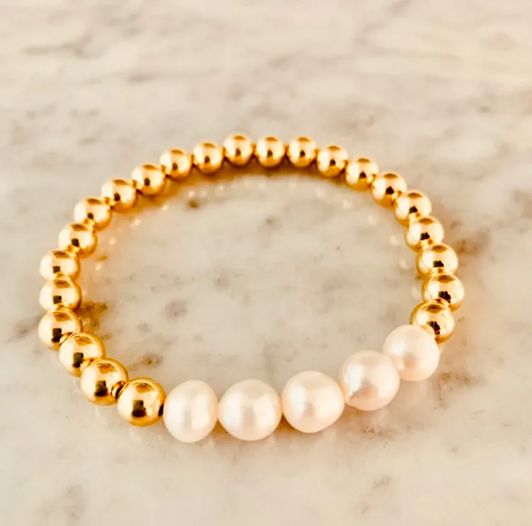 5mm Beaded Stretch Bracelet with Row of Fresh Water Pearls
