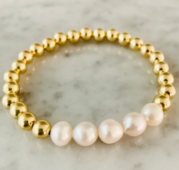 6mm Beaded Stretch Bracelet with Row of Fresh Water Pearls