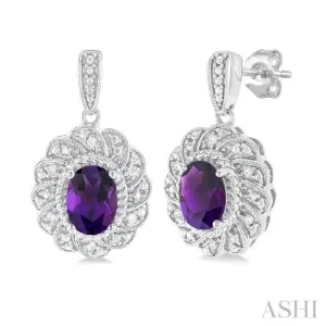 7X5 MM Oval Cut Amethyst and 1/20 ctw Round Cut Diamond Semi Precious Earring in Sterling Silver