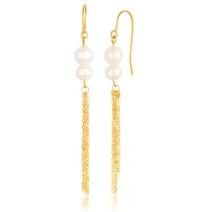 9ct Yellow Gold Freshwater Double Pearl Tassle Drop Earrings