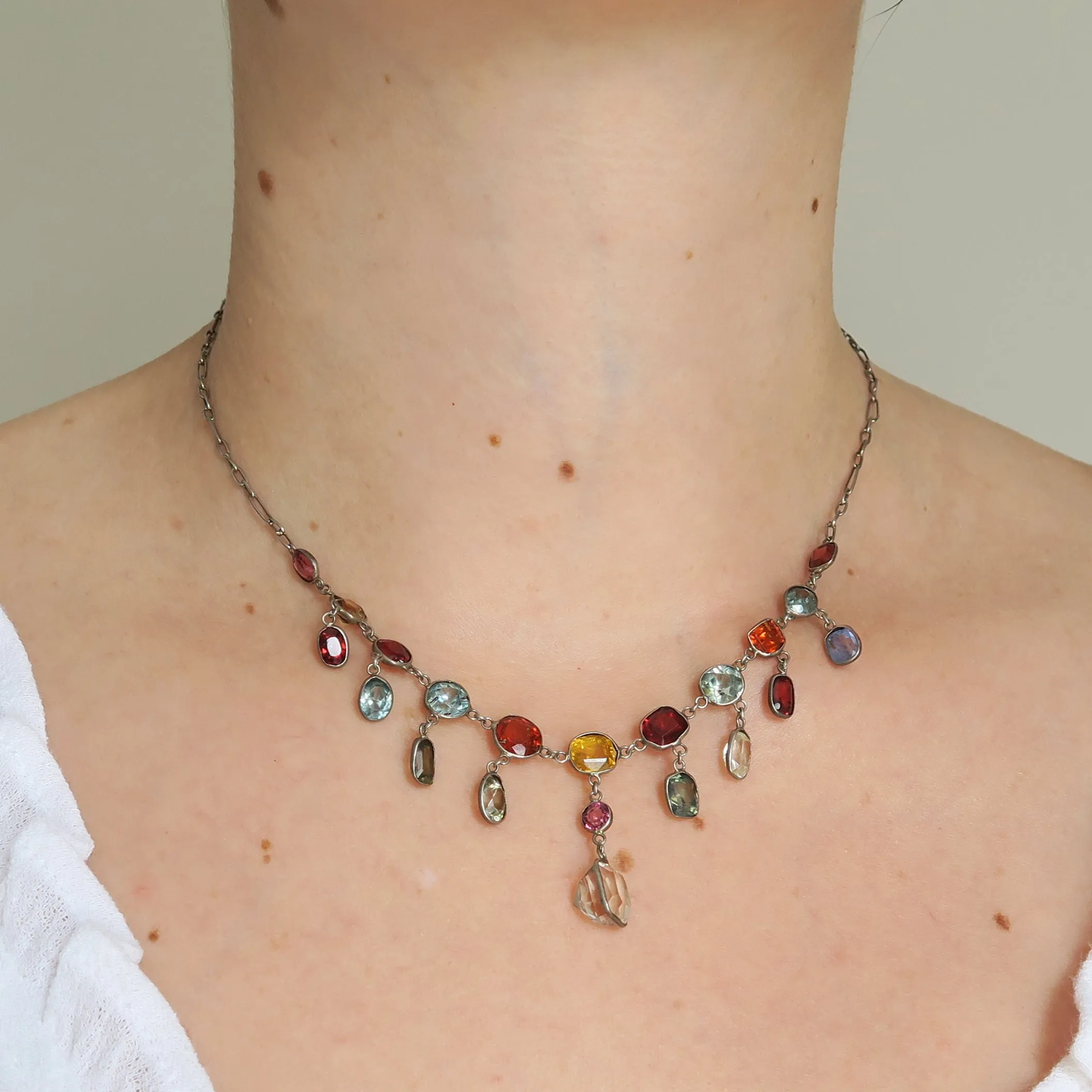 Antique Arts & Crafts Semi Precious Silver Festoon Necklace