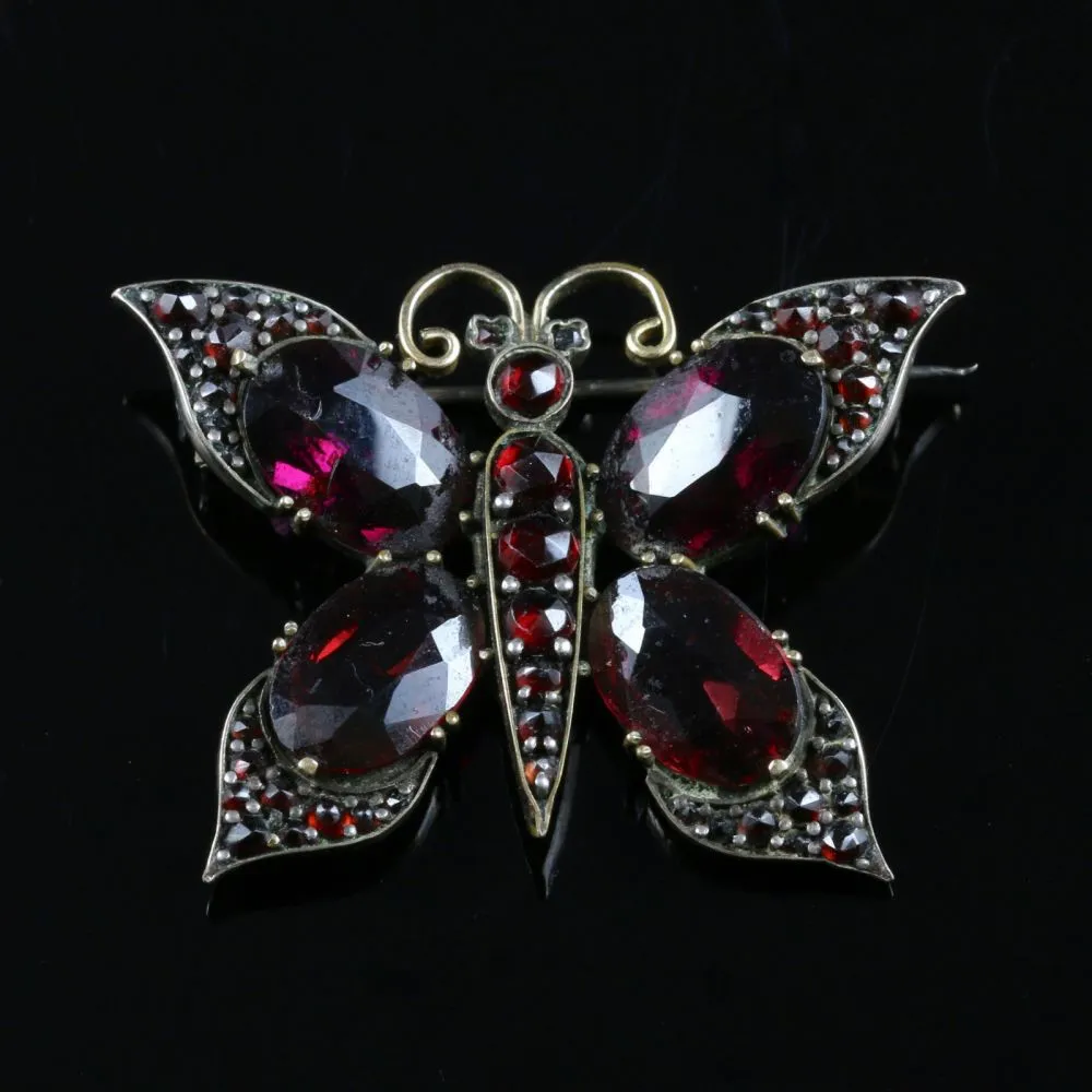 Antique Victorian Garnet Butterfly Gold Brooch Circa 1880