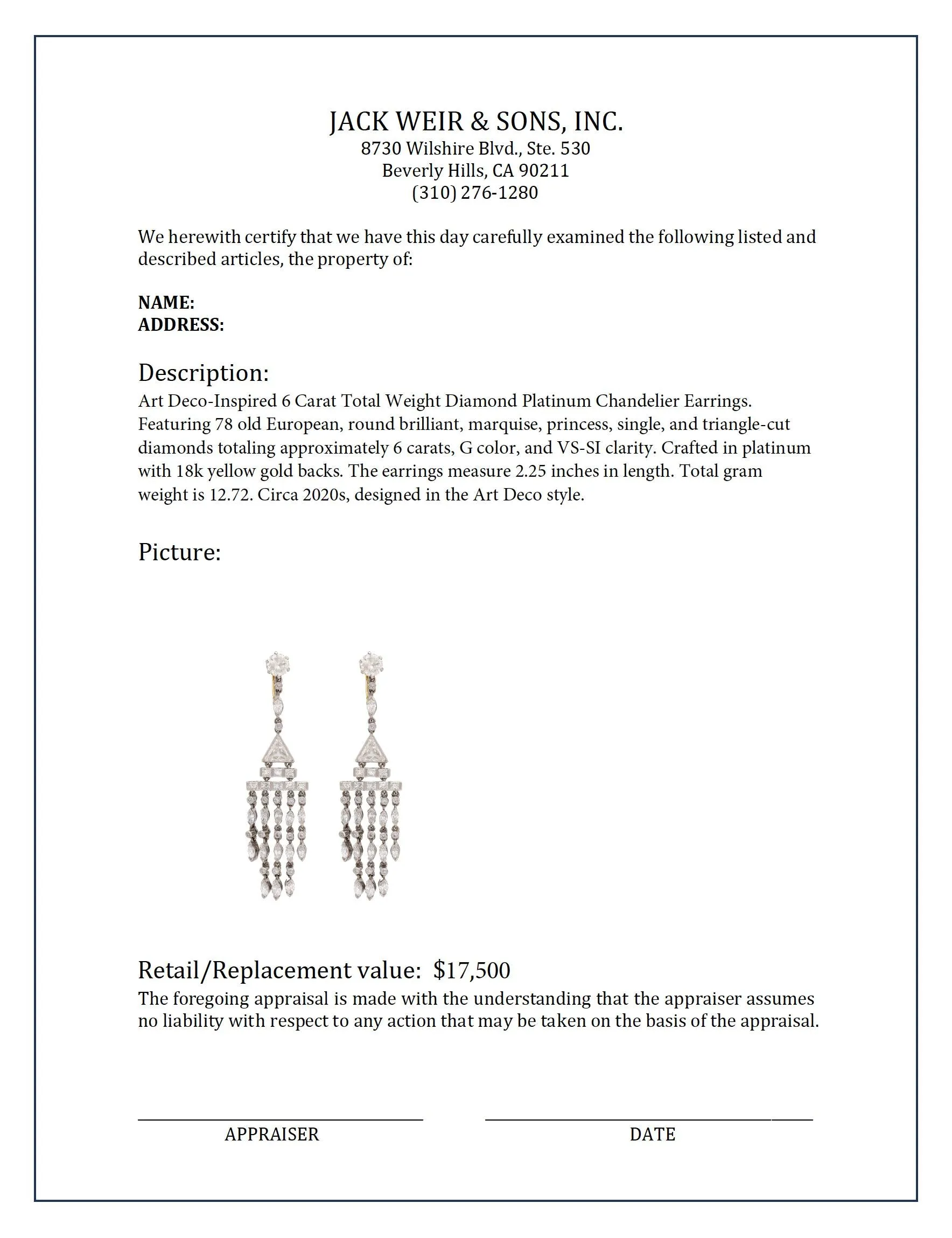 Art Deco inspired 6 carat total weight diamond platinum chandelier earrings