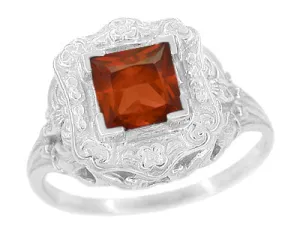 Art Nouveau Square Garnet Ring in 14K White Gold - 1910 Vintage Design