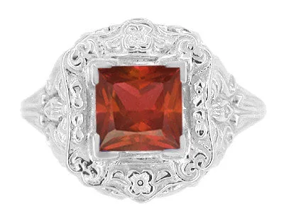 Art Nouveau Square Garnet Ring in 14K White Gold - 1910 Vintage Design