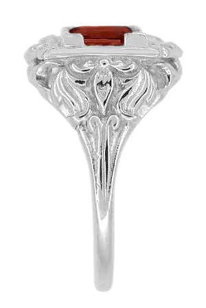 Art Nouveau Square Garnet Ring in 14K White Gold - 1910 Vintage Design