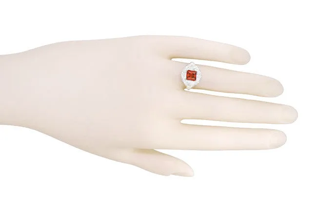 Art Nouveau Square Garnet Ring in 14K White Gold - 1910 Vintage Design