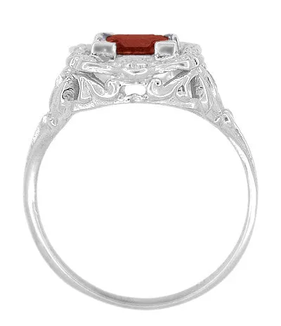Art Nouveau Square Garnet Ring in 14K White Gold - 1910 Vintage Design
