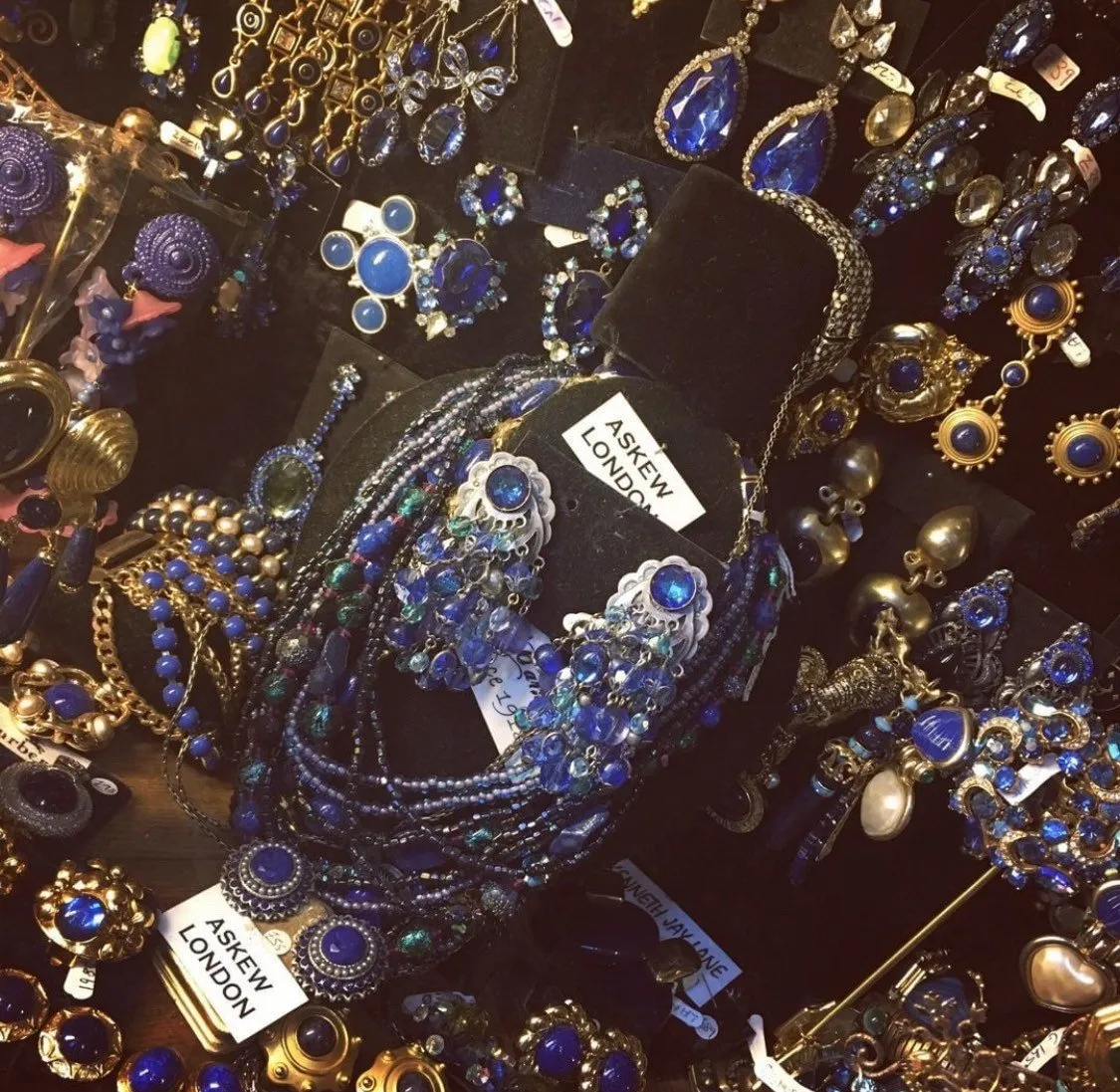 Askew London Chandelier Clip on Earrings Blue Beaded Silver Large