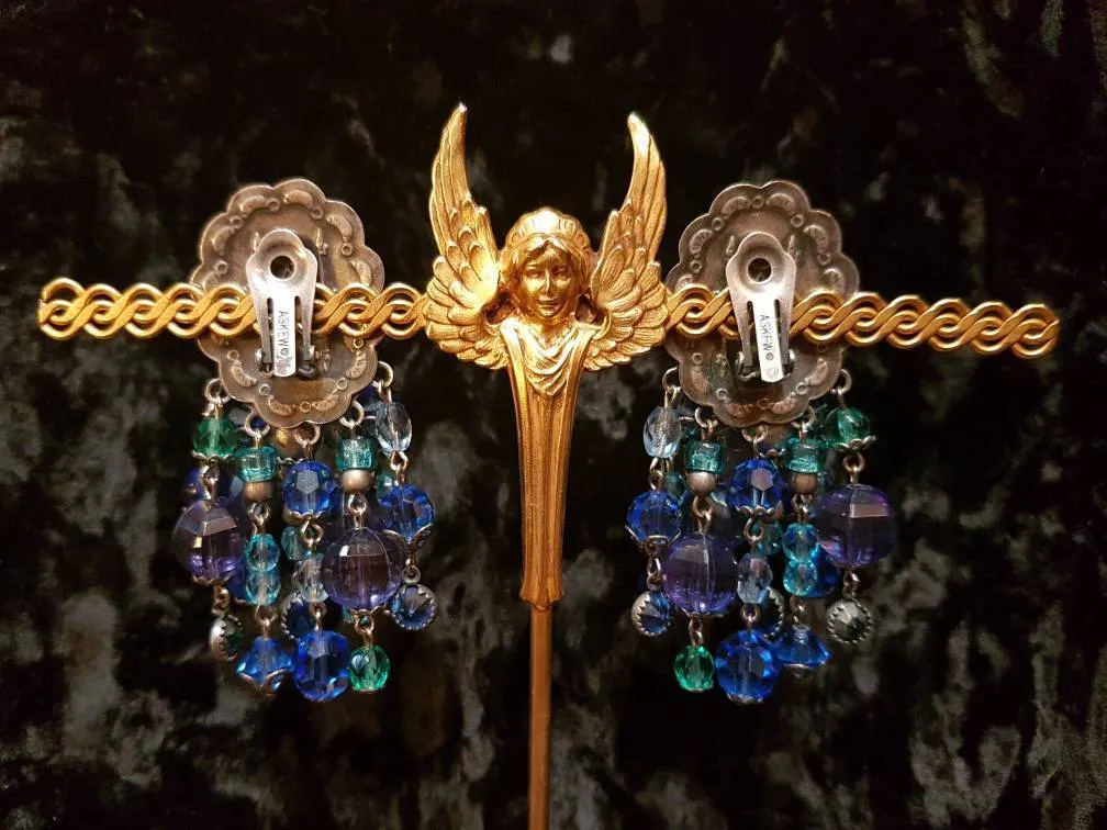Askew London Chandelier Clip on Earrings Blue Beaded Silver Large