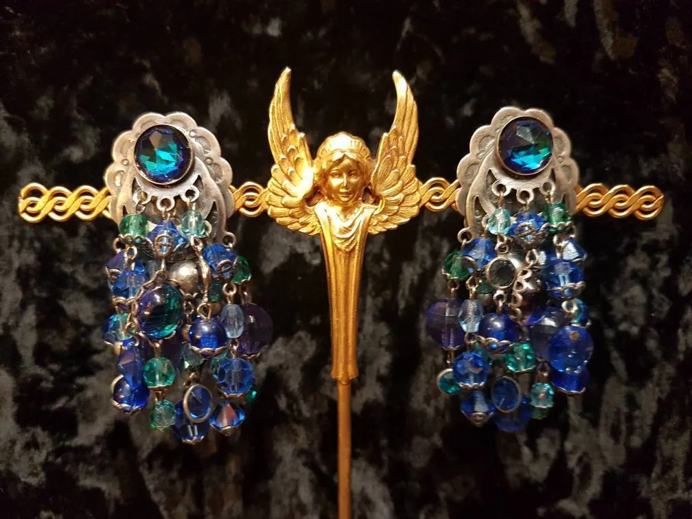 Askew London Chandelier Clip on Earrings Blue Beaded Silver Large