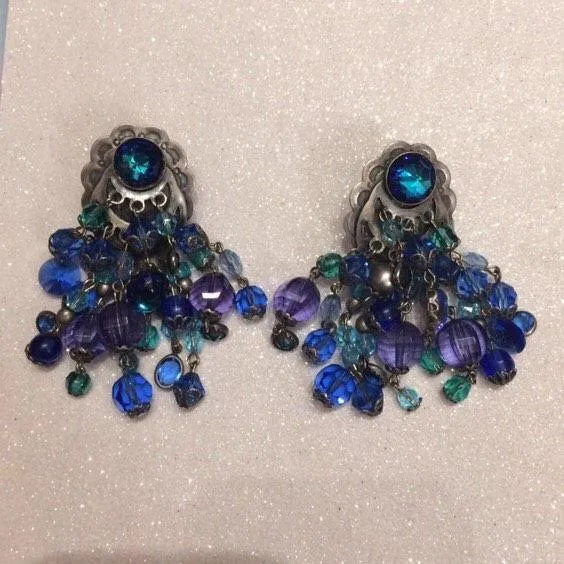 Askew London Chandelier Clip on Earrings Blue Beaded Silver Large