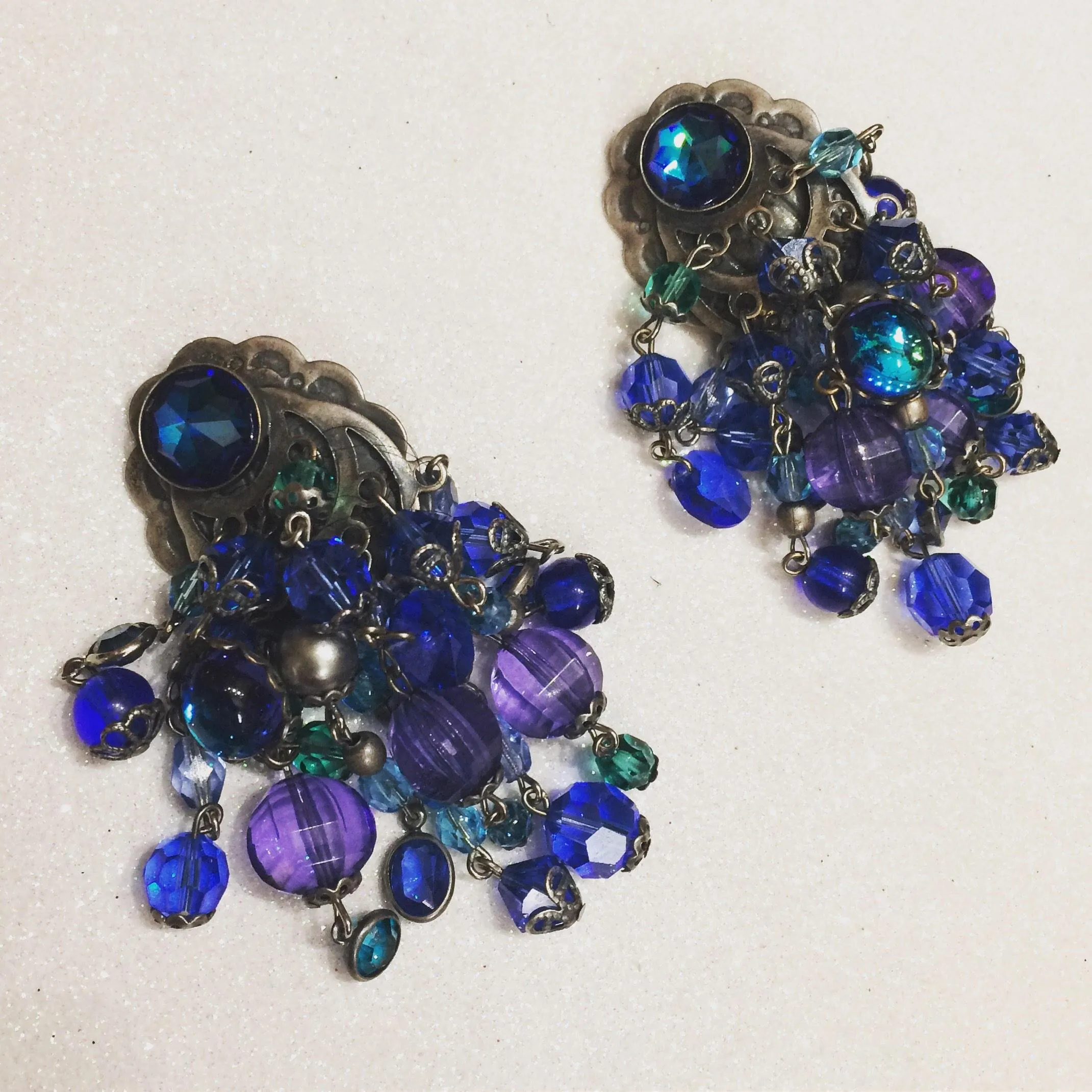 Askew London Chandelier Clip on Earrings Blue Beaded Silver Large