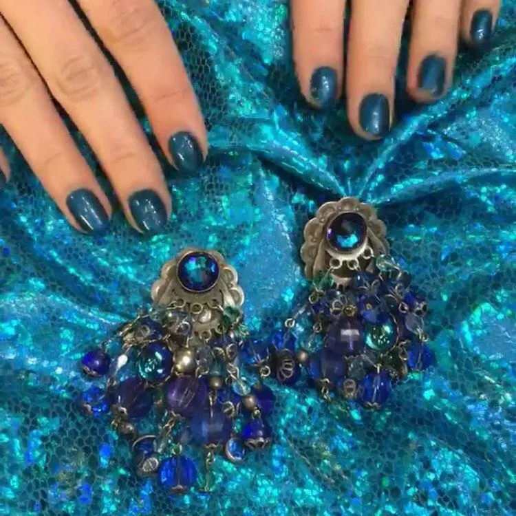 Askew London Chandelier Clip on Earrings Blue Beaded Silver Large