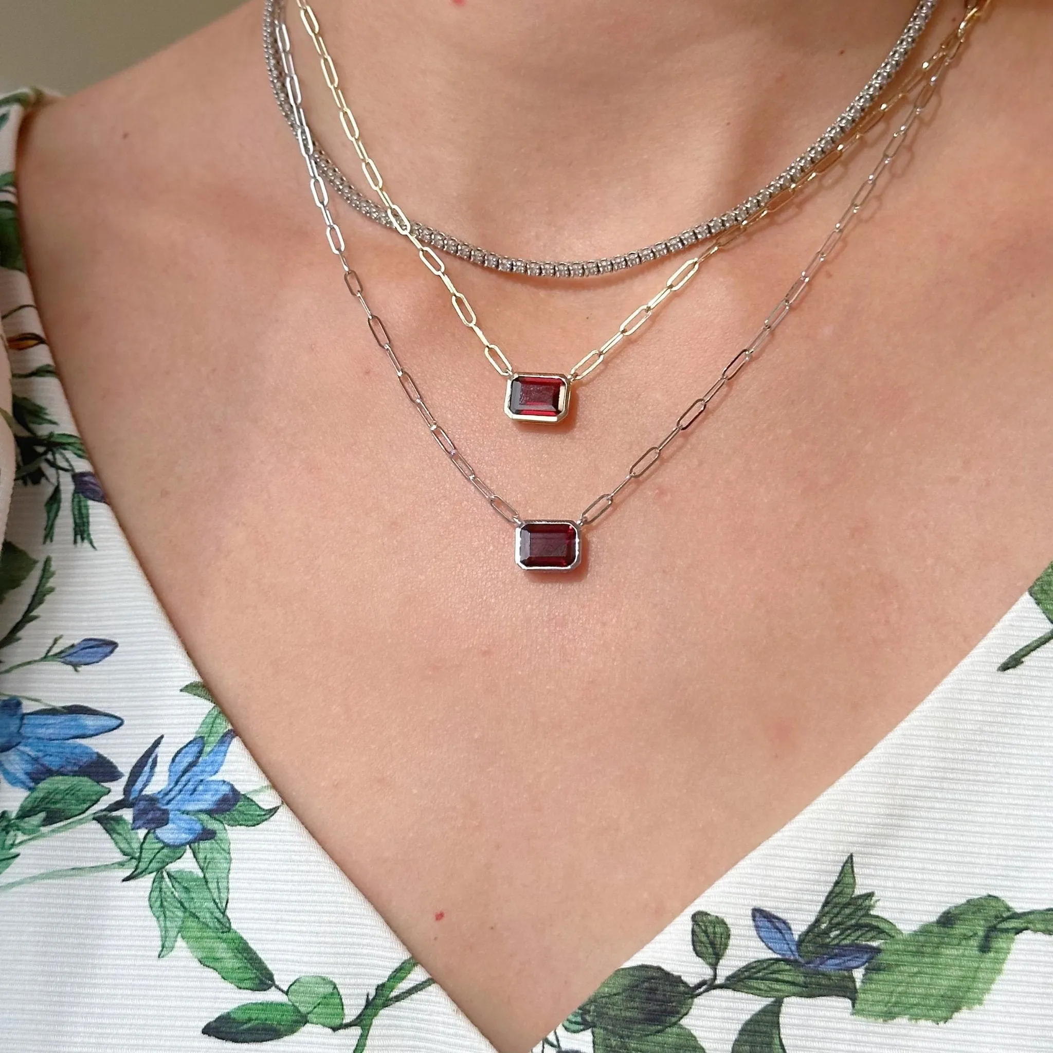 Bezel Set Gemstone Paper Clip Necklace