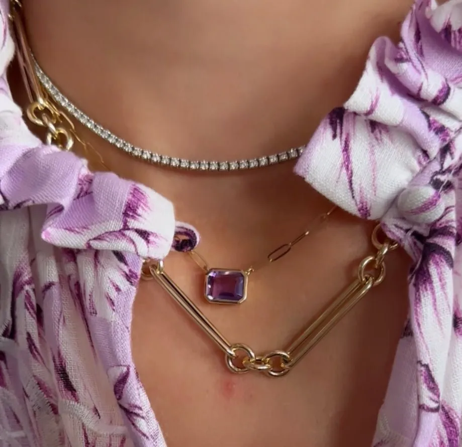 Bezel Set Gemstone Paper Clip Necklace