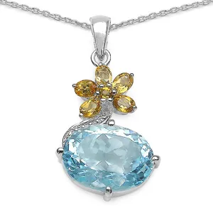 Blue Topaz & Citrine Flower Sterling Silver Pendant Necklace