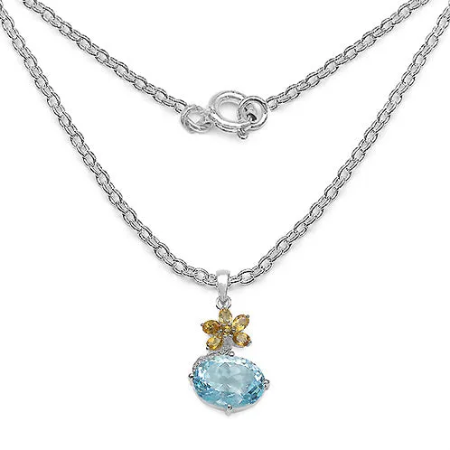 Blue Topaz & Citrine Flower Sterling Silver Pendant Necklace
