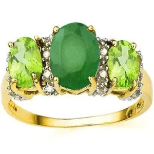 EXCLUSIVE 1.39 CT GENUINE EMERALD & 2 PCS PERIDOT 10K SOLID YELLOW GOLD RING
