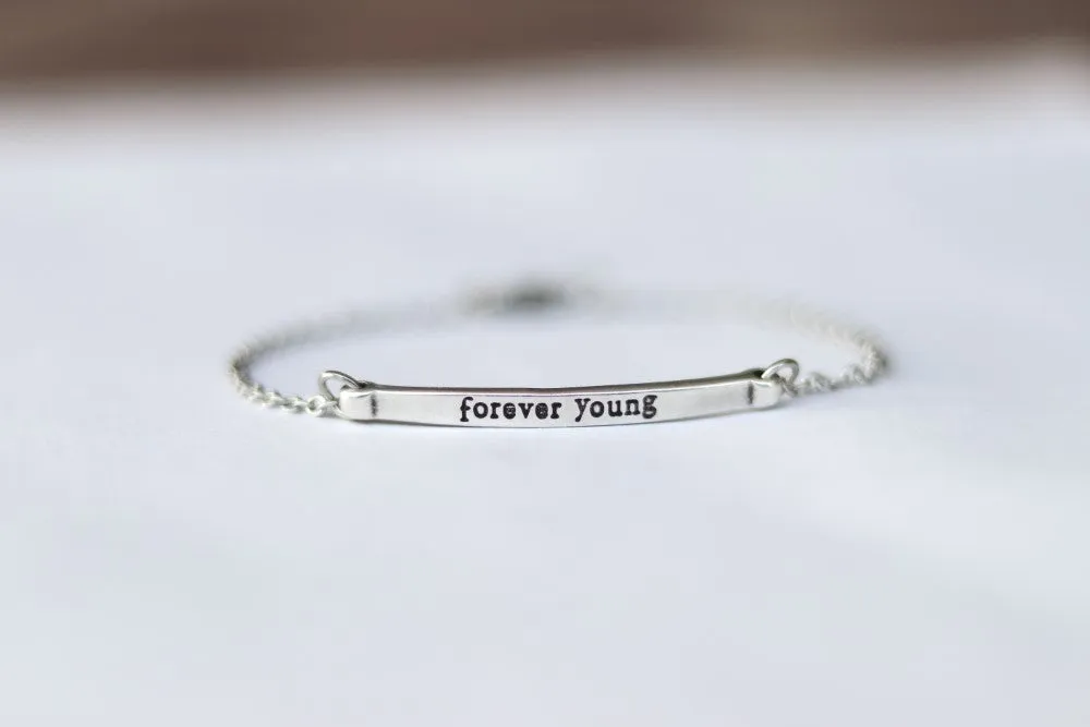 Forever Young bracelet, silver tone chain bracelet, inspiration quote charm bracelet, personalised bracelet, silver bracelet, gift for her