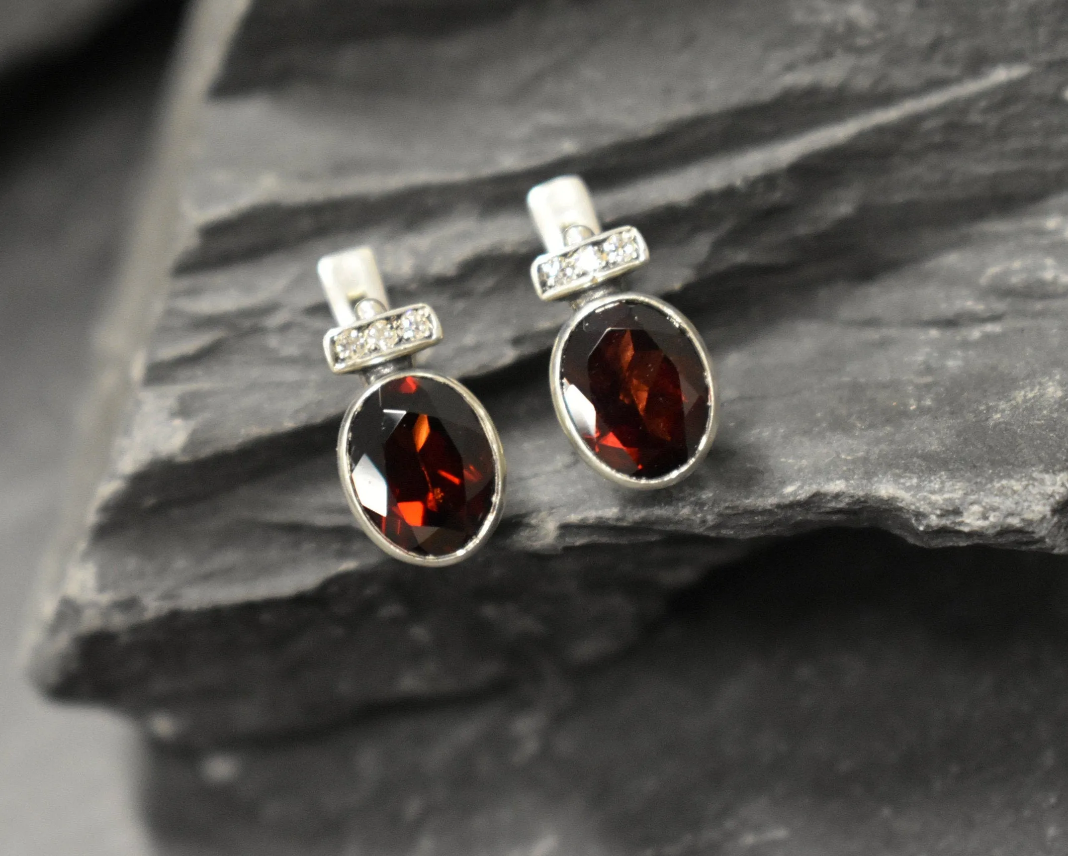 Garnet Earrings - Red Oval Earrings - Bezel Drop Earrings