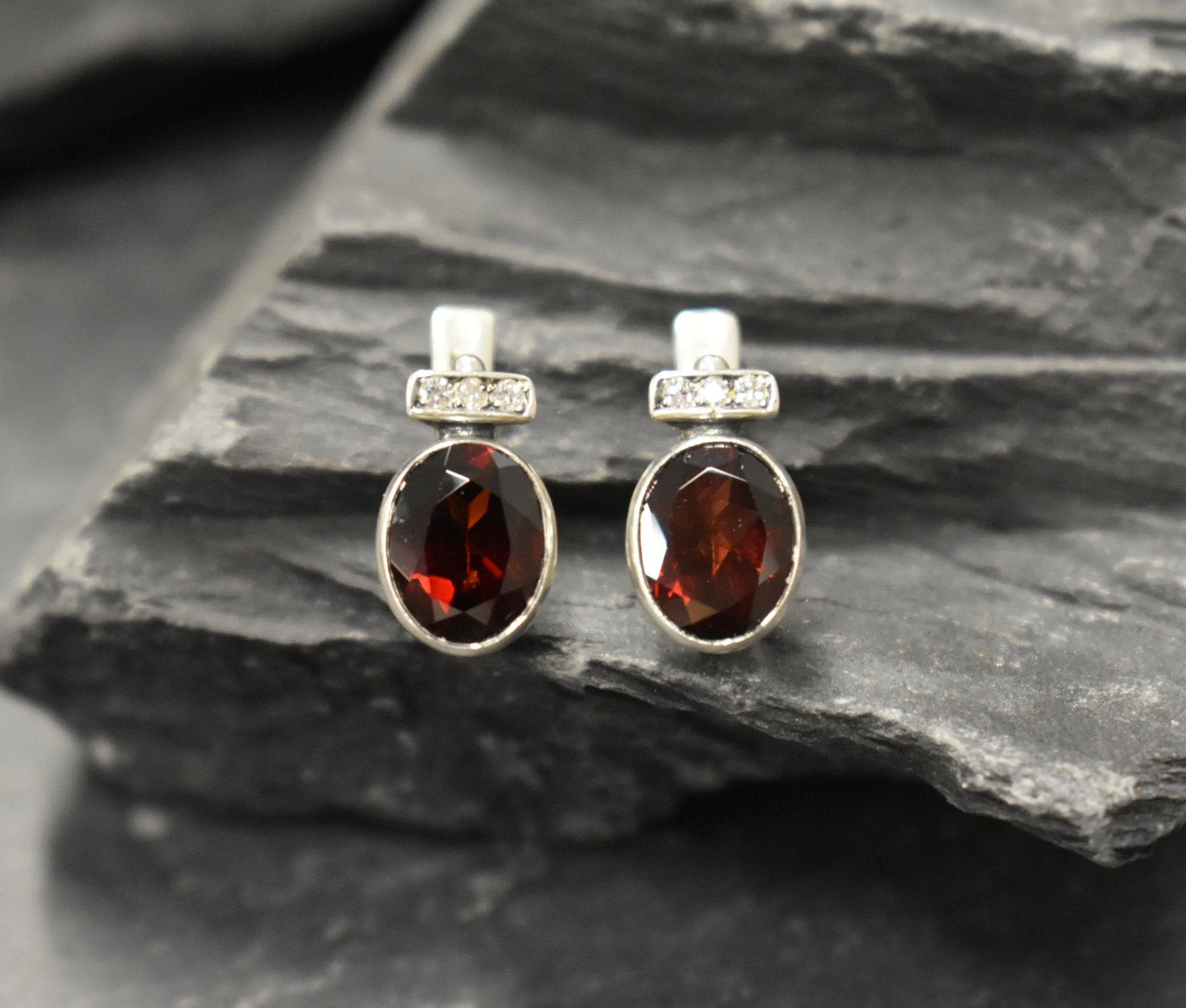 Garnet Earrings - Red Oval Earrings - Bezel Drop Earrings