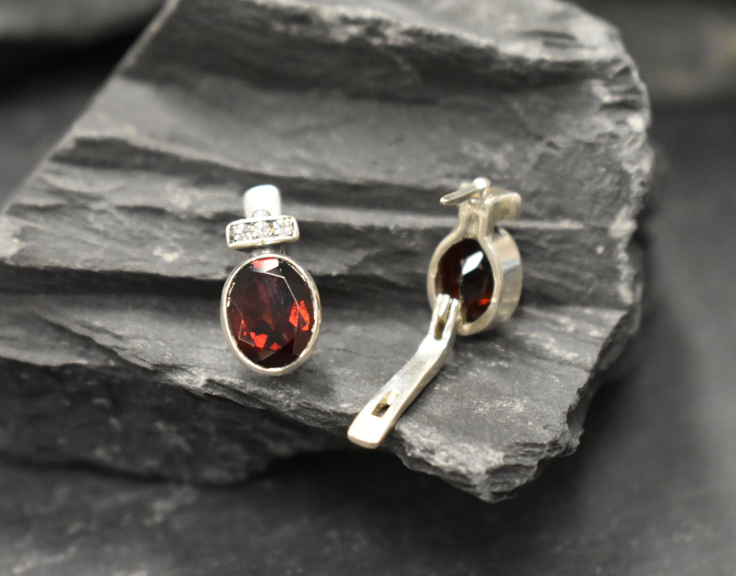 Garnet Earrings - Red Oval Earrings - Bezel Drop Earrings