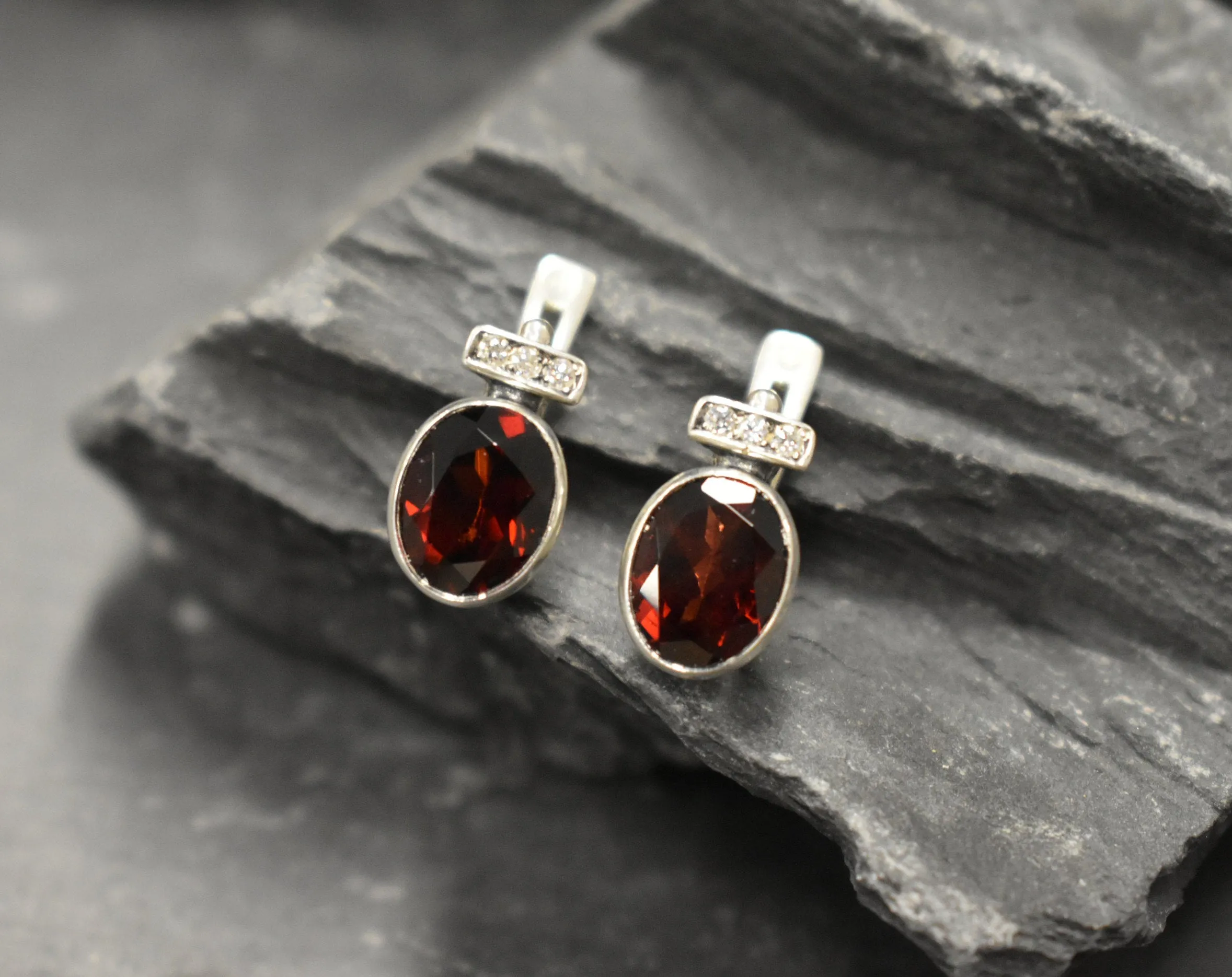 Garnet Earrings - Red Oval Earrings - Bezel Drop Earrings