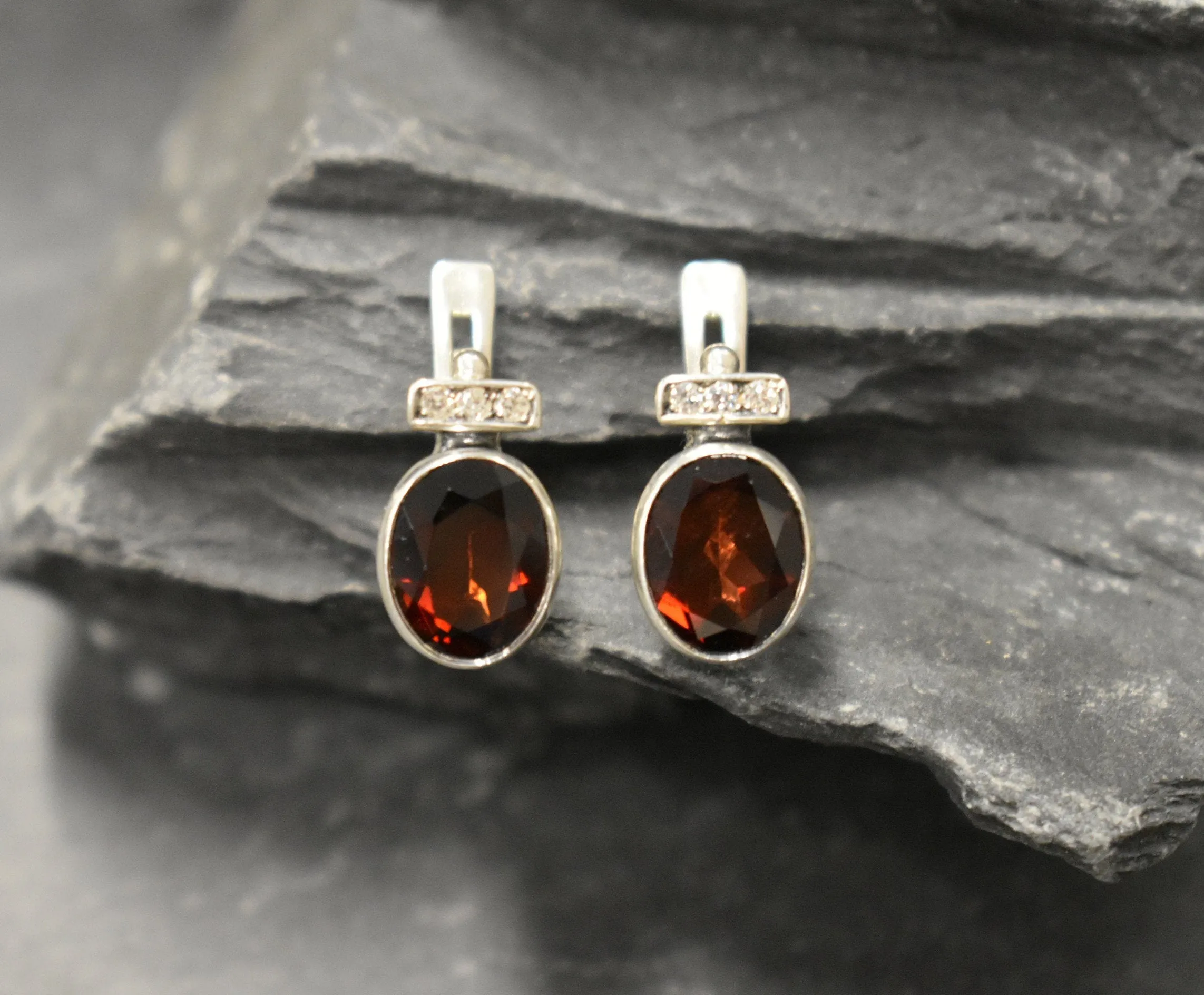 Garnet Earrings - Red Oval Earrings - Bezel Drop Earrings