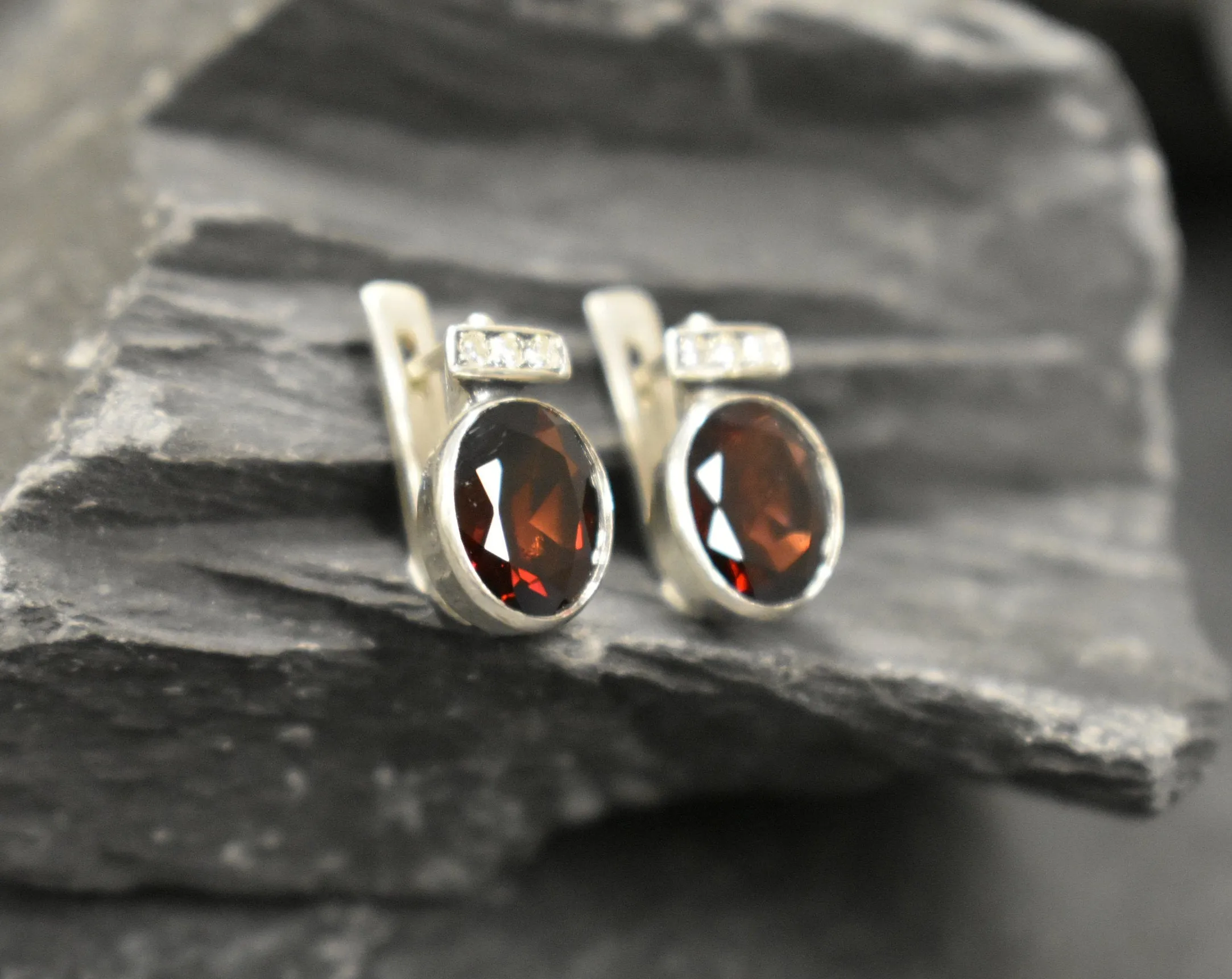 Garnet Earrings - Red Oval Earrings - Bezel Drop Earrings