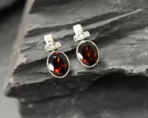 Garnet Earrings - Red Oval Earrings - Bezel Drop Earrings