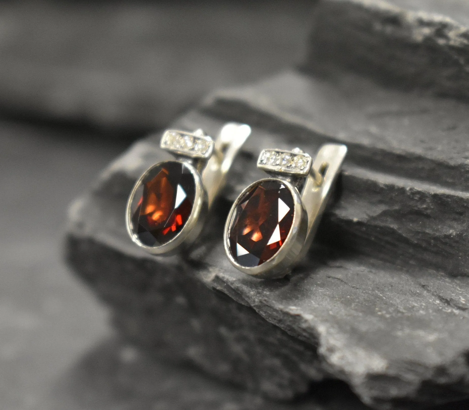 Garnet Earrings - Red Oval Earrings - Bezel Drop Earrings