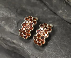 Genuine Garnet Earrings - Red Honey Comb Earrings - Floral Drop Earrings
