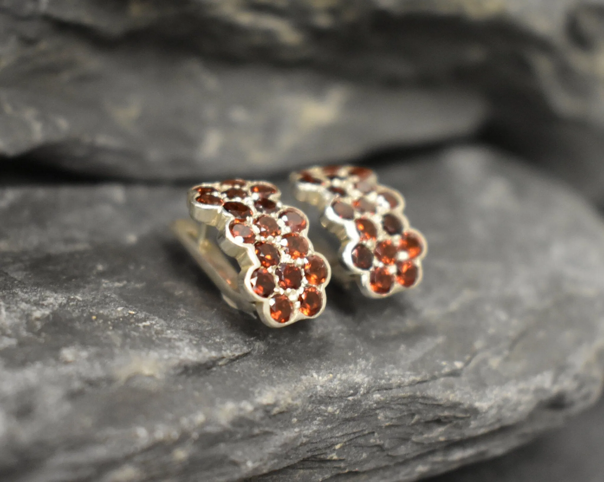 Genuine Garnet Earrings - Red Honey Comb Earrings - Floral Drop Earrings