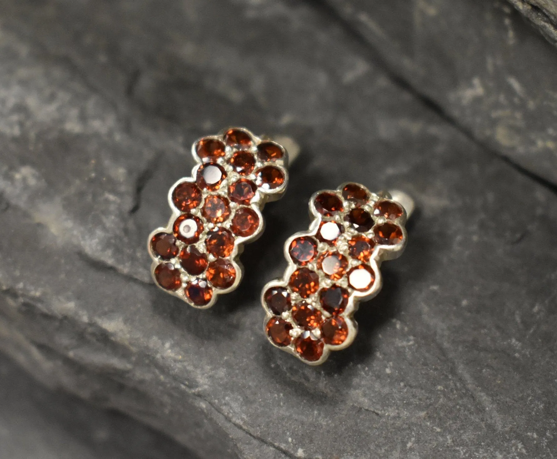 Genuine Garnet Earrings - Red Honey Comb Earrings - Floral Drop Earrings