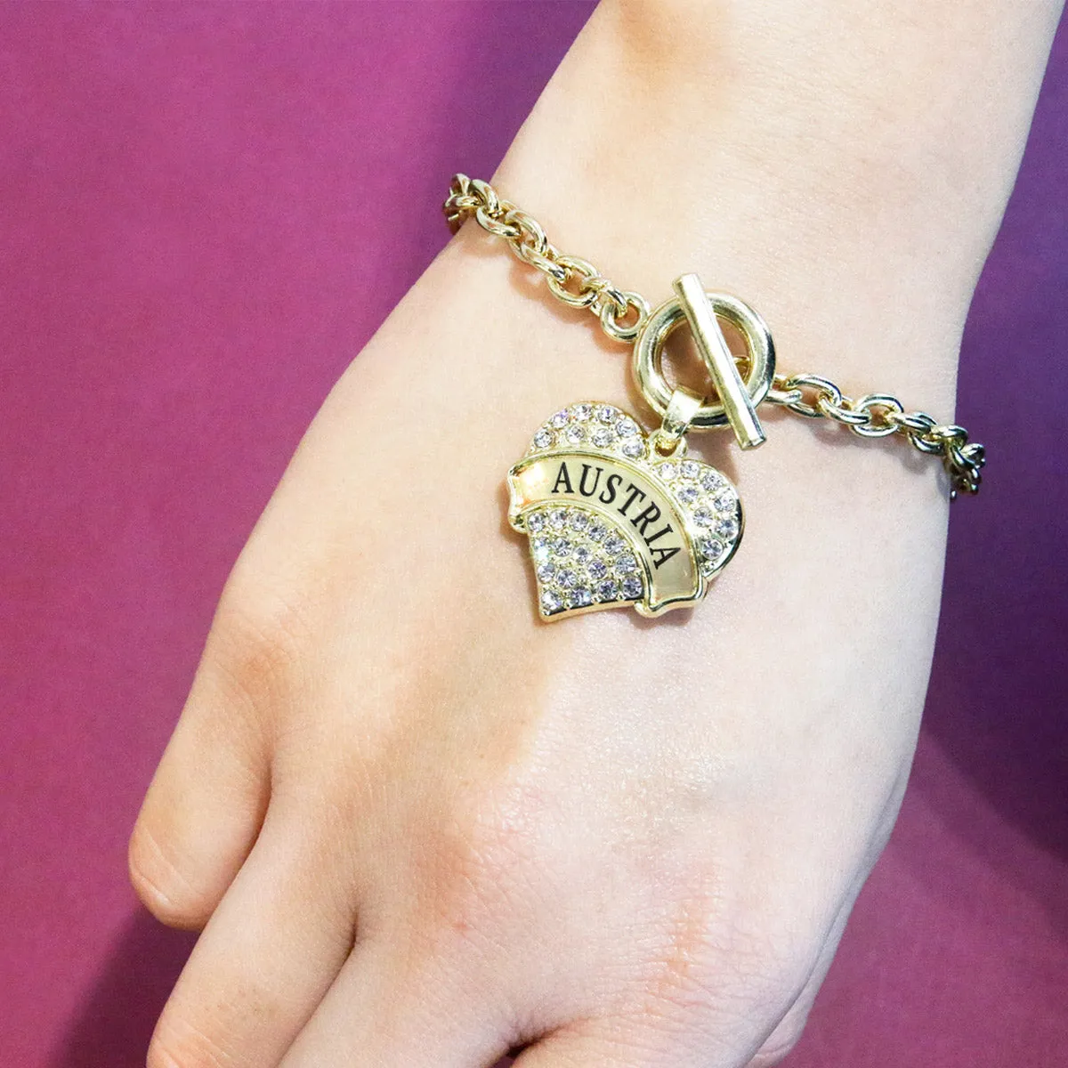 Gold Austria Pave Heart Charm Toggle Bracelet
