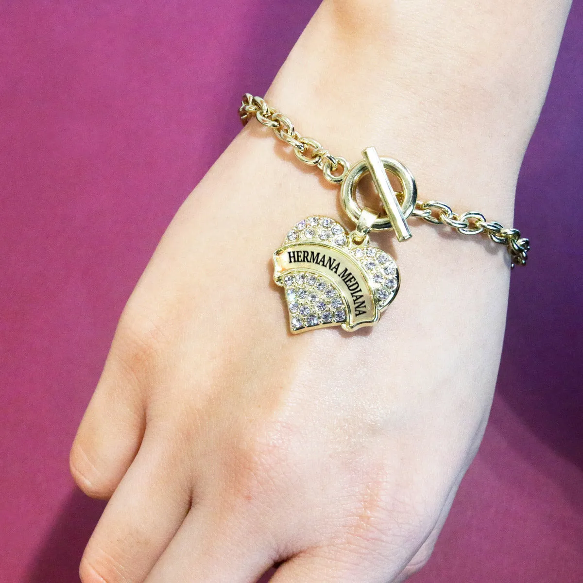 Gold Hermana Mediana Pave Heart Charm Toggle Bracelet