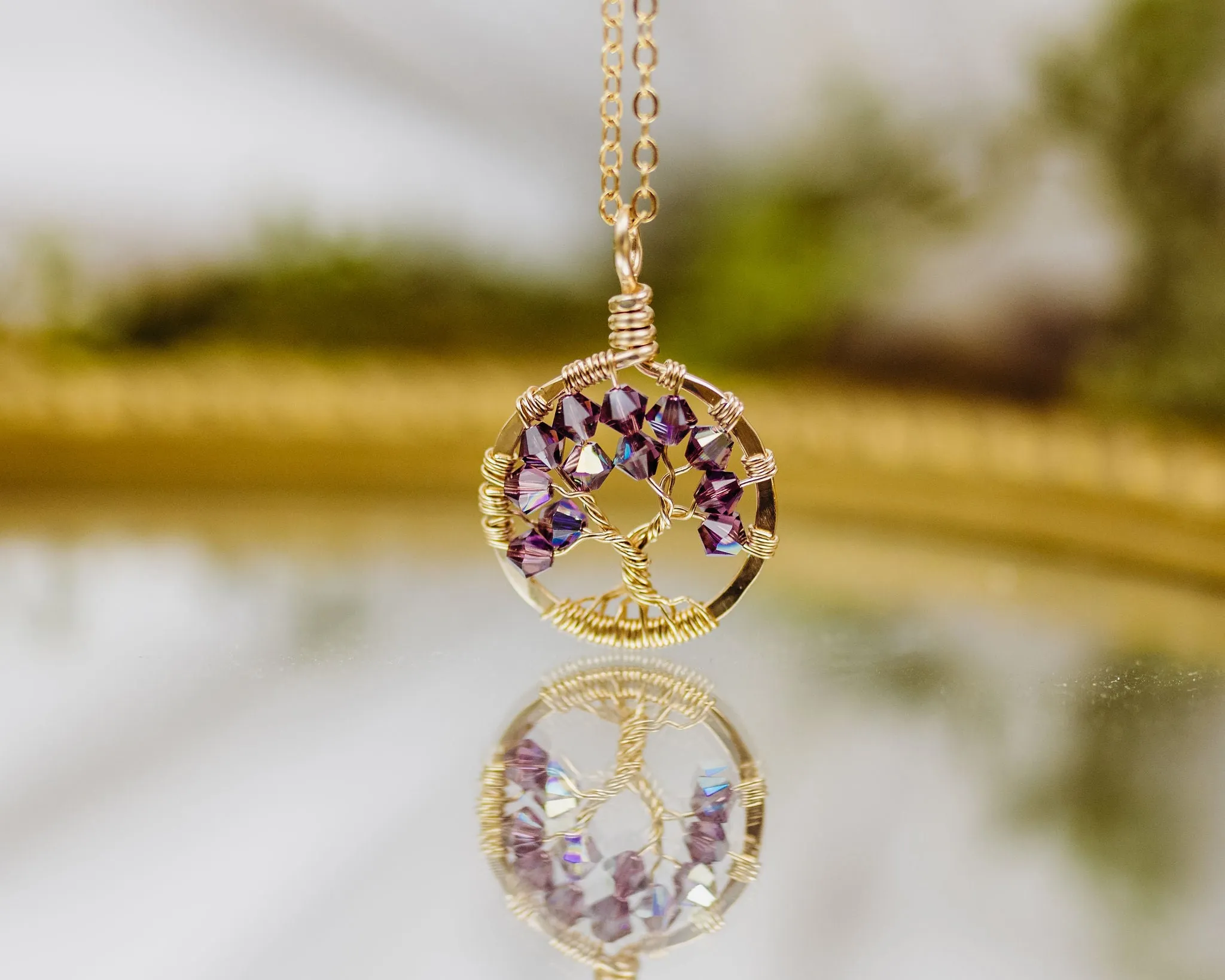 Gold Peridot Tree of Life Crystal Necklace (August)