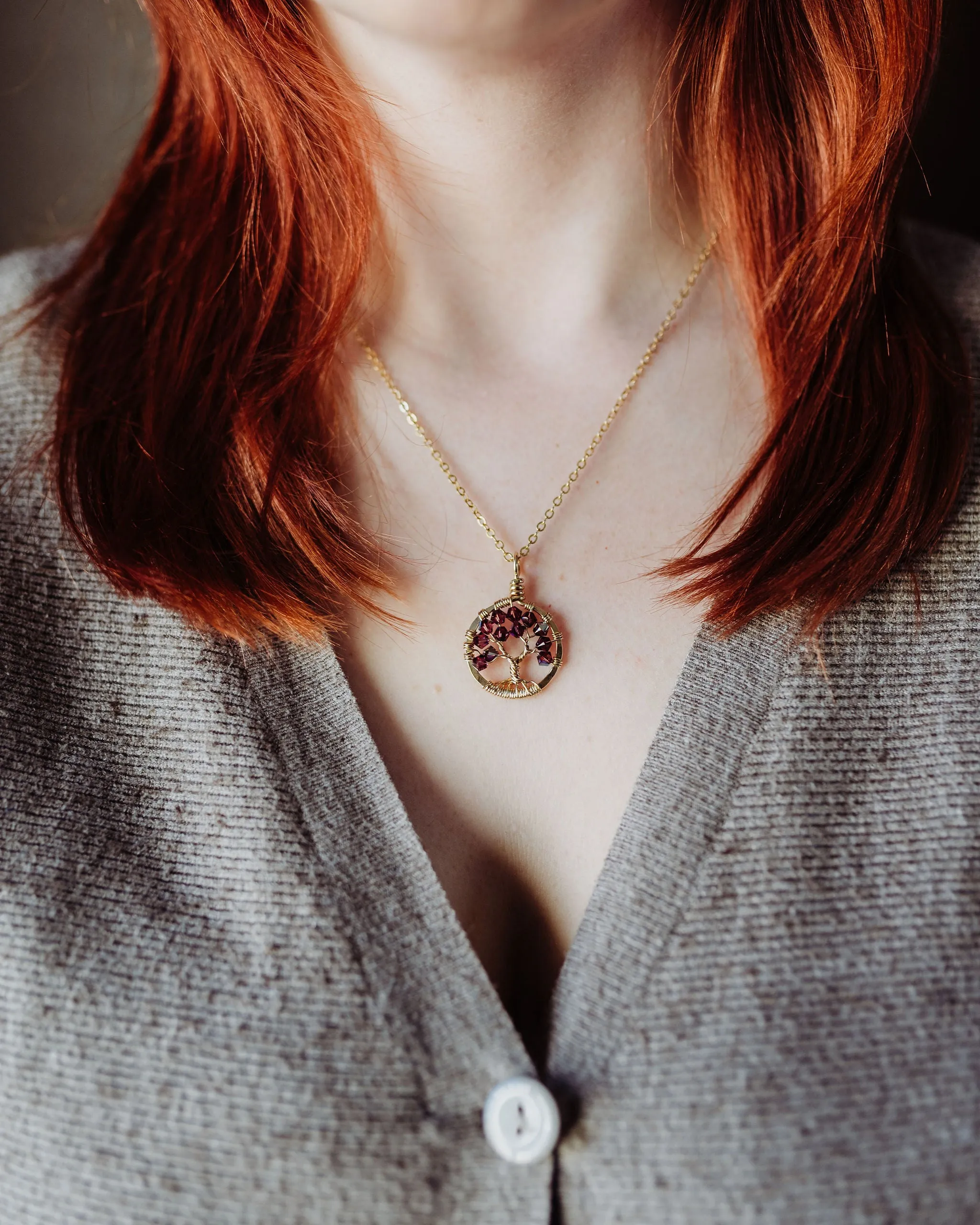 Gold Peridot Tree of Life Crystal Necklace (August)