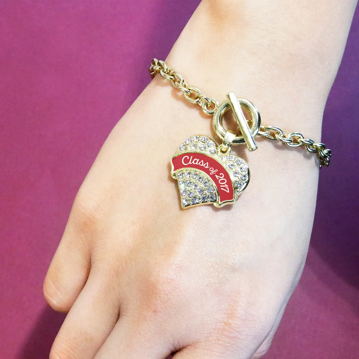 Gold Red Class of 2017 Pave Heart Charm Toggle Bracelet