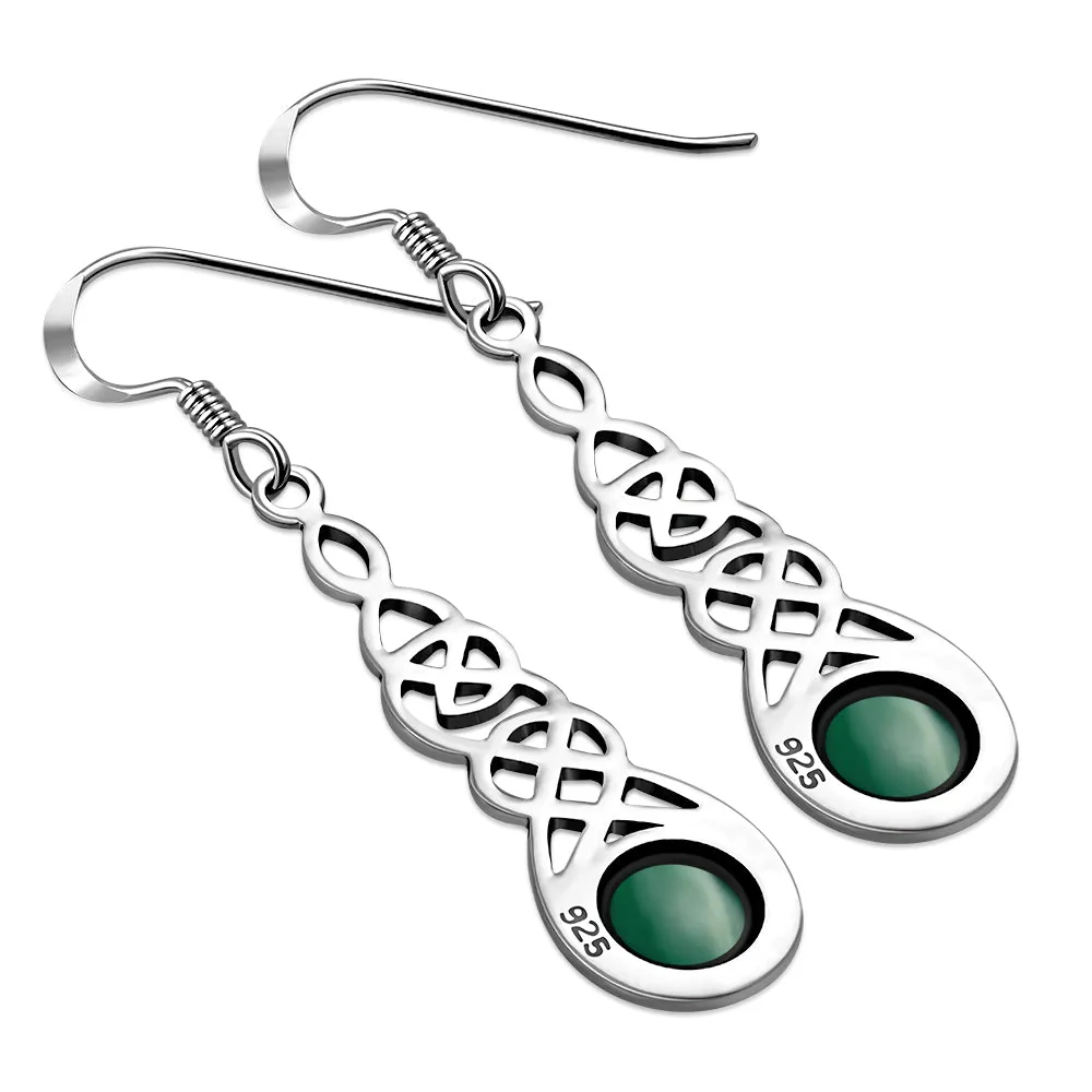 Green Agate Celtic Silver Long Drop Dangle Hook Earrings