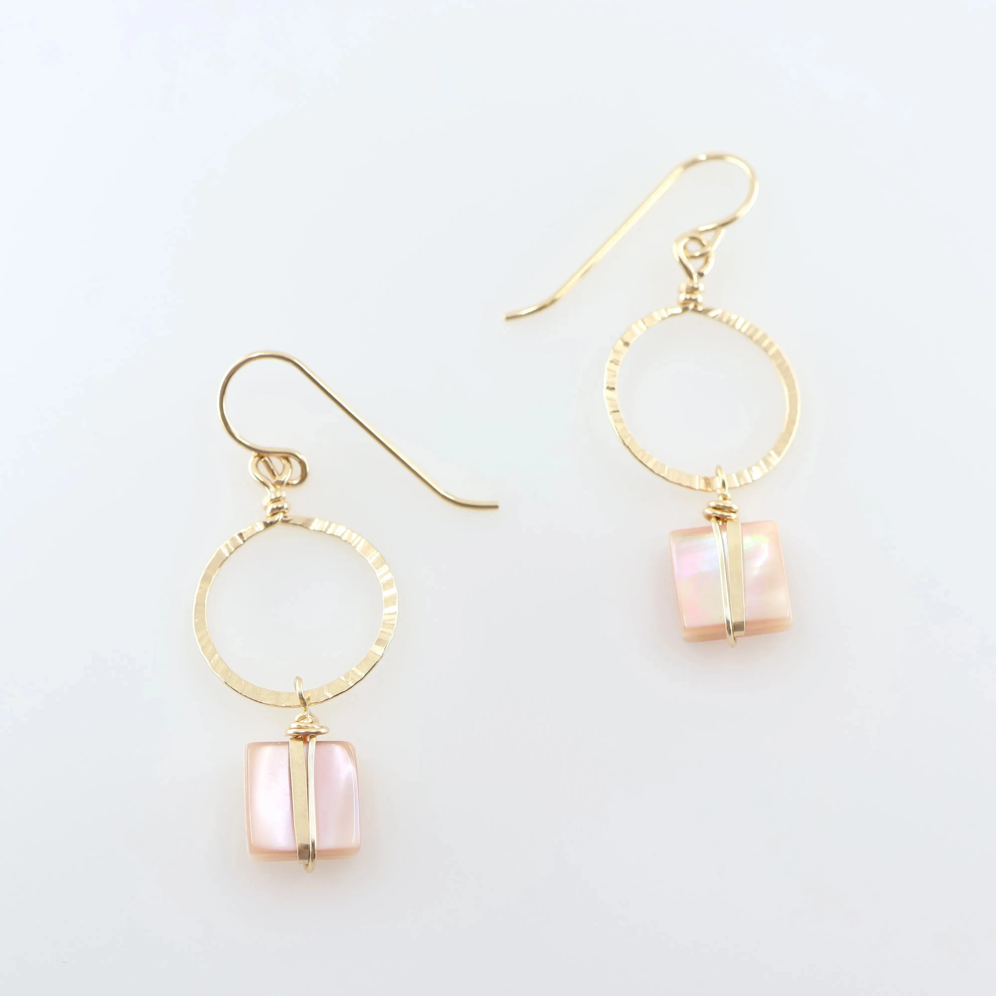 Hammer Textured Circle Earrings with Pink Mother of Pearl