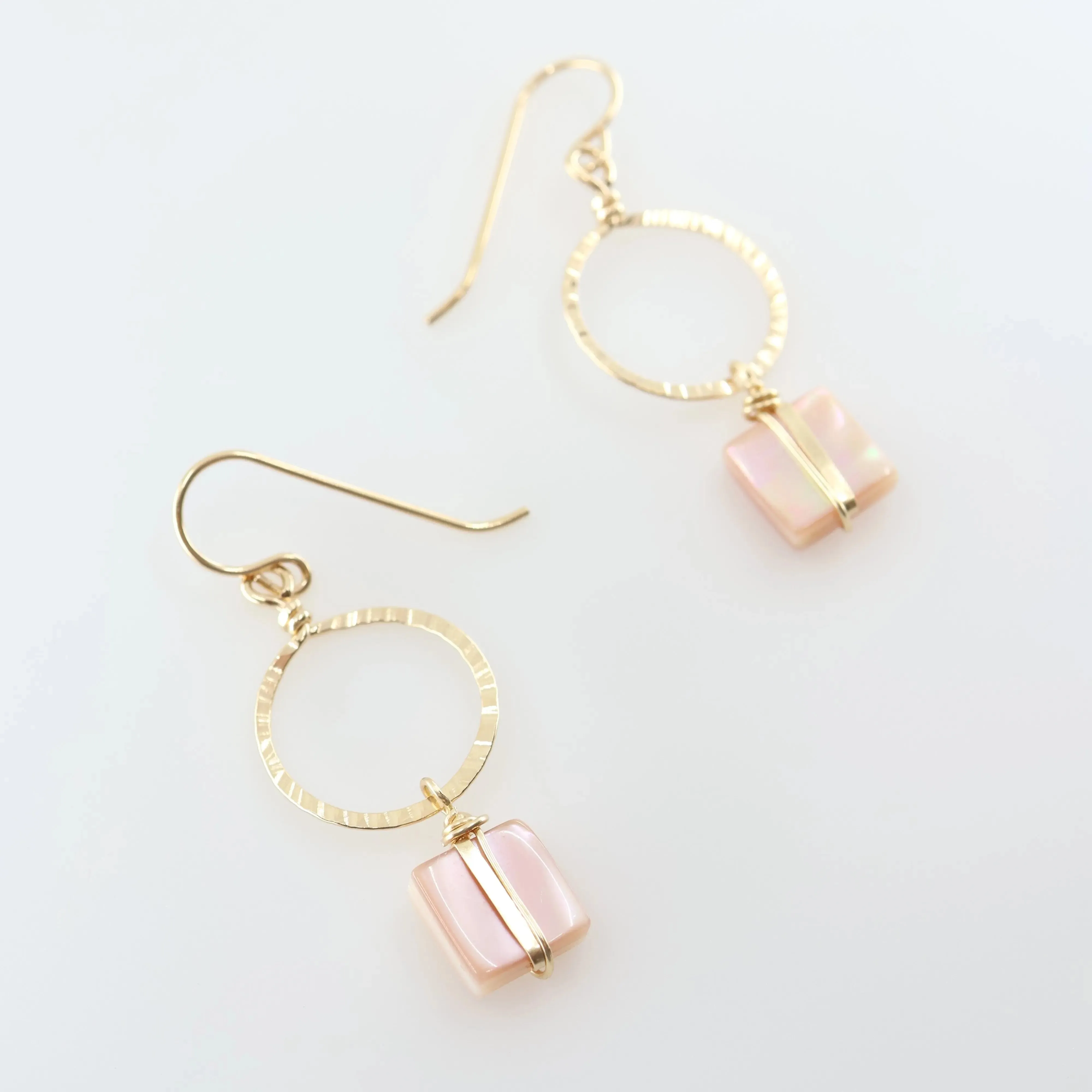 Hammer Textured Circle Earrings with Pink Mother of Pearl
