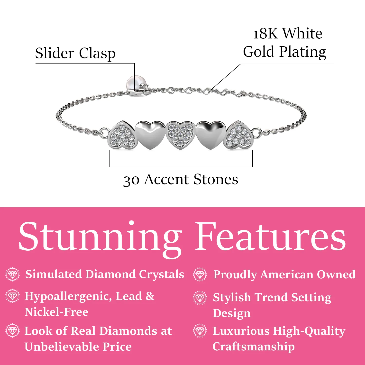 Juliette 18k White Gold Plated Heart Crystal Bracelet